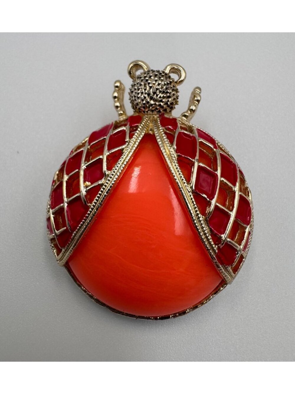 Vintage Ladybug Brooch Red Enamel Peach Cabochon Gold Tone Figural Pin